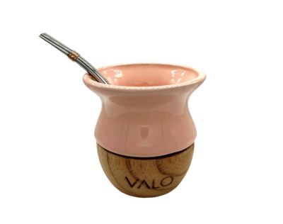 VALO CERAMIC GOURD ON TIMBER BASE WITH S/S STRAW