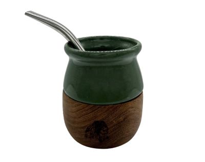 QUECHUA CERAMIC GOURD ON TIMBER BASE WITH S/S STRAW