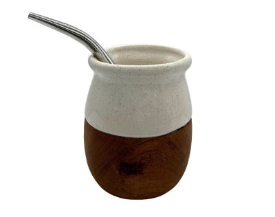 QUECHUA CERAMIC GOURD ON TIMBER BASE WITH S/S STRAW